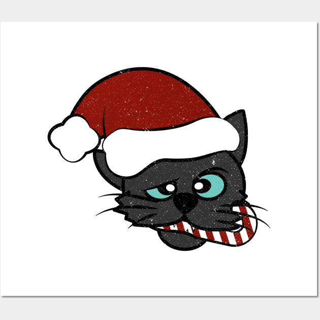 Christmas Black Cat Eating Candy Cane Wall Art by Commykaze